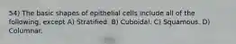 54) The basic shapes of epithelial cells include all of the following, except A) Stratified. B) Cuboidal. C) Squamous. D) Columnar.