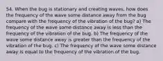 54. When the bug is stationary and creating waves, how does the frequency of the wave some distance away from the bug compare with the frequency of the vibration of the bug? a) The frequency of the wave some distance away is less than the frequency of the vibration of the bug. b) The frequency of the wave some distance away is greater than the frequency of the vibration of the bug. c) The frequency of the wave some distance away is equal to the frequency of the vibration of the bug.