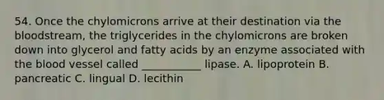 54. Once the chylomicrons arrive at their destination via the bloodstream, the triglycerides in the chylomicrons are broken down into glycerol and fatty acids by an enzyme associated with the blood vessel called ___________ lipase. A. lipoprotein B. pancreatic C. lingual D. lecithin