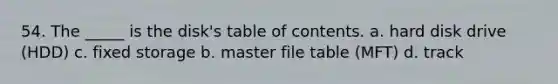 54. The _____ is the disk's table of contents. a. hard disk drive (HDD) c. fixed storage b. master file table (MFT) d. track