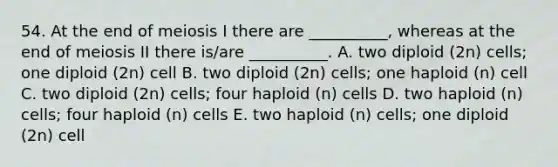 54. At the end of meiosis I there are __________, whereas at the end of meiosis II there is/are __________. A. two diploid (2n) cells; one diploid (2n) cell B. two diploid (2n) cells; one haploid (n) cell C. two diploid (2n) cells; four haploid (n) cells D. two haploid (n) cells; four haploid (n) cells E. two haploid (n) cells; one diploid (2n) cell