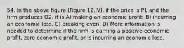 54. In the above figure (Figure 12.IV), if the price is P1 and the firm produces Q2, it is A) making an economic profit. B) incurring an economic loss. C) breaking even. D) More information is needed to determine if the firm is earning a positive economic profit, zero economic profit, or is incurring an economic loss.