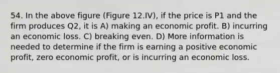 54. In the above figure (Figure 12.IV), if the price is P1 and the firm produces Q2, it is A) making an economic profit. B) incurring an economic loss. C) breaking even. D) More information is needed to determine if the firm is earning a positive economic profit, zero economic profit, or is incurring an economic loss.