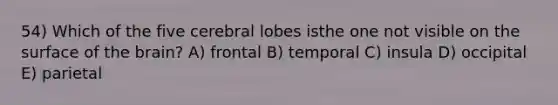 54) Which of the five cerebral lobes isthe one not visible on the surface of the brain? A) frontal B) temporal C) insula D) occipital E) parietal