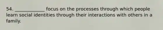 54. _____________ focus on the processes through which people learn social identities through their interactions with others in a family.