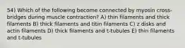 54) Which of the following become connected by myosin cross-bridges during muscle contraction? A) thin filaments and thick filaments B) thick filaments and titin filaments C) z disks and actin filaments D) thick filaments and t-tubules E) thin filaments and t-tubules