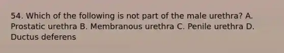 54. Which of the following is not part of the male urethra? A. Prostatic urethra B. Membranous urethra C. Penile urethra D. Ductus deferens