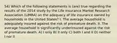 54) Which of the following statements is (are) true regarding the results of the 2014 study by the Life Insurance Market Research Association (LIMRA) on the adequacy of life insurance owned by households in the United States? I. The average household is adequately insured against the risk of premature death. II. The average household is significantly underinsured against the risk of premature death. A) I only B) II only C) both I and II D) neither I nor II