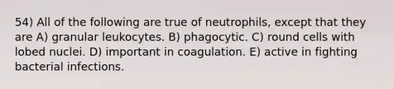 54) All of the following are true of neutrophils, except that they are A) granular leukocytes. B) phagocytic. C) round cells with lobed nuclei. D) important in coagulation. E) active in fighting bacterial infections.