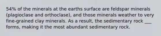 54% of the minerals at the earths surface are feldspar minerals (plagioclase and orthoclase), and those minerals weather to very fine-grained clay minerals. As a result, the sedimentary rock ___ forms, making it the most abundant sedimentary rock.