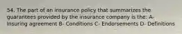 54. The part of an insurance policy that summarizes the guarantees provided by the insurance company is the: A- Insuring agreement B- Conditions C- Endorsements D- Definitions