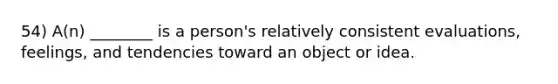 54) A(n) ________ is a person's relatively consistent evaluations, feelings, and tendencies toward an object or idea.