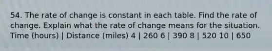 54. The rate of change is constant in each table. Find the rate of change. Explain what the rate of change means for the situation. Time (hours) | Distance (miles) 4 | 260 6 | 390 8 | 520 10 | 650