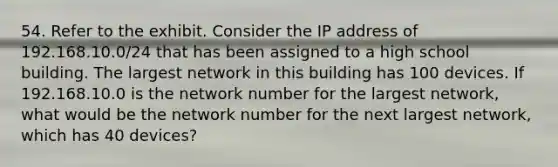 54. Refer to the exhibit. Consider the IP address of 192.168.10.0/24 that has been assigned to a high school building. The largest network in this building has 100 devices. If 192.168.10.0 is the network number for the largest network, what would be the network number for the next largest network, which has 40 devices?