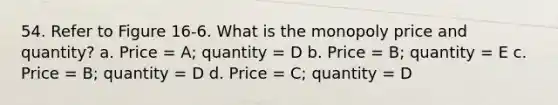 54. Refer to Figure 16-6. What is the monopoly price and quantity? a. Price = A; quantity = D b. Price = B; quantity = E c. Price = B; quantity = D d. Price = C; quantity = D