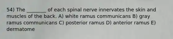 54) The ________ of each spinal nerve innervates the skin and muscles of the back. A) white ramus communicans B) gray ramus communicans C) posterior ramus D) anterior ramus E) dermatome