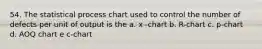 54. The statistical process chart used to control the number of defects per unit of output is the a. x -chart b. R-chart c. p-chart d. AOQ chart e c-chart