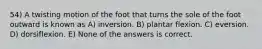 54) A twisting motion of the foot that turns the sole of the foot outward is known as A) inversion. B) plantar flexion. C) eversion. D) dorsiflexion. E) None of the answers is correct.