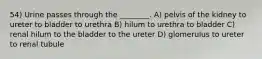 54) Urine passes through the ________. A) pelvis of the kidney to ureter to bladder to urethra B) hilum to urethra to bladder C) renal hilum to the bladder to the ureter D) glomerulus to ureter to renal tubule