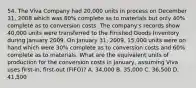 54. The Viva Company had 20,000 units in process on December 31, 2008 which was 80% complete as to materials but only 40% complete as to conversion costs. The company's records show 40,000 units were transferred to the Finished Goods Inventory during January 2009. On January 31, 2009, 15,000 units were on hand which were 30% complete as to conversion costs and 60% complete as to materials. What are the equivalent units of production for the conversion costs in January, assuming Viva uses first-in, first-out (FIFO)? A. 34,000 B. 35,000 C. 36,500 D. 41,500