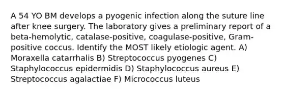 A 54 YO BM develops a pyogenic infection along the suture line after knee surgery. The laboratory gives a preliminary report of a beta-hemolytic, catalase-positive, coagulase-positive, Gram-positive coccus. Identify the MOST likely etiologic agent. A) Moraxella catarrhalis B) Streptococcus pyogenes C) Staphylococcus epidermidis D) Staphylococcus aureus E) Streptococcus agalactiae F) Micrococcus luteus