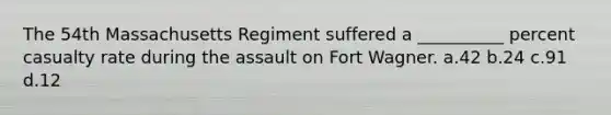 The 54th Massachusetts Regiment suffered a __________ percent casualty rate during the assault on Fort Wagner. a.42 b.24 c.91 d.12