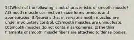 54)Which of the following is not characteristic of smooth muscle? A)Smooth muscle connective tissue forms tendons and aponeuroses. B)Neurons that innervate smooth muscles are under involuntary control. C)Smooth muscles are uninucleate. D)Smooth muscles do not contain sarcomeres. E)The thin filaments of smooth muscle fibers are attached to dense bodies.