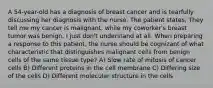 A 54-year-old has a diagnosis of breast cancer and is tearfully discussing her diagnosis with the nurse. The patient states, They tell me my cancer is malignant, while my coworker's breast tumor was benign. I just don't understand at all. When preparing a response to this patient, the nurse should be cognizant of what characteristic that distinguishes malignant cells from benign cells of the same tissue type? A) Slow rate of mitosis of cancer cells B) Different proteins in the cell membrane C) Differing size of the cells D) Different molecular structure in the cells