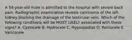 A 54-year-old male is admitted to the hospital with severe back pain. Radiographic examination reveals carcinoma of the left kidney blocking the drainage of the testicular vein. Which of the following conditions will be MOST LIKELY associated with these signs? A. Cystocele B. Hydrocele C. Hypospadias D. Rectocele E. Varicocele