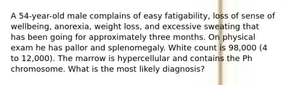 A 54-year-old male complains of easy fatigability, loss of sense of wellbeing, anorexia, weight loss, and excessive sweating that has been going for approximately three months. On physical exam he has pallor and splenomegaly. White count is 98,000 (4 to 12,000). The marrow is hypercellular and contains the Ph chromosome. What is the most likely diagnosis?