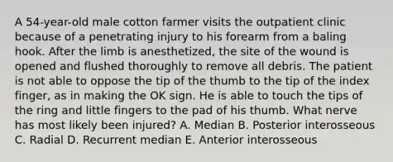 A 54-year-old male cotton farmer visits the outpatient clinic because of a penetrating injury to his forearm from a baling hook. After the limb is anesthetized, the site of the wound is opened and flushed thoroughly to remove all debris. The patient is not able to oppose the tip of the thumb to the tip of the index finger, as in making the OK sign. He is able to touch the tips of the ring and little fingers to the pad of his thumb. What nerve has most likely been injured? A. Median B. Posterior interosseous C. Radial D. Recurrent median E. Anterior interosseous