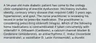 A 54-year-old male diabetic patient has come to the urology clinic complaining of erectile dysfunction. His history includes obesity, coronary artery disease that required CABG 3 years ago, hypertension, and gout. The nurse practitioner is reviewing his record in order to prescribe medication. The practitioner is considering prescribing sildenafil (Viagra). Which of the following home medications is contraindicated if taken concurrently with sildenafil? A. Diltiazem (Cardizem), a calcium channel blocker B. Cordarone (amiodarone), an antiarrhythmic C. Imdur (isosorbide mononitrate), a vasodilator D. Lasix (furosemide), a diuretic