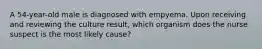 A 54-year-old male is diagnosed with empyema. Upon receiving and reviewing the culture result, which organism does the nurse suspect is the most likely cause?