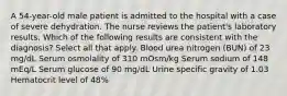 A 54-year-old male patient is admitted to the hospital with a case of severe dehydration. The nurse reviews the patient's laboratory results. Which of the following results are consistent with the diagnosis? Select all that apply. Blood urea nitrogen (BUN) of 23 mg/dL Serum osmolality of 310 mOsm/kg Serum sodium of 148 mEq/L Serum glucose of 90 mg/dL Urine specific gravity of 1.03 Hematocrit level of 48%