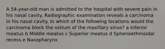 A 54-year-old man is admitted to the hospital with severe pain in his nasal cavity. Radiographic examination reveals a carcinoma in his nasal cavity. In which of the following locations would the carcinoma block the ostium of the maxillary sinus? a Inferior meatus b Middle meatus c Superior meatus d Sphenoethmoidal recess e Nasopharynx