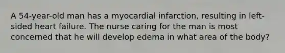 A 54-year-old man has a myocardial infarction, resulting in left-sided heart failure. The nurse caring for the man is most concerned that he will develop edema in what area of the body?