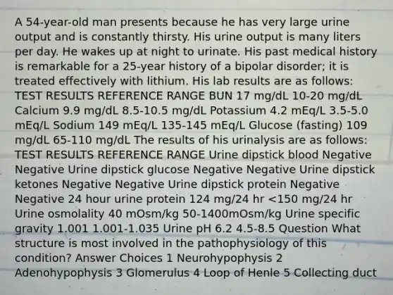 A 54-year-old man presents because he has very large urine output and is constantly thirsty. His urine output is many liters per day. He wakes up at night to urinate. His past medical history is remarkable for a 25-year history of a bipolar disorder; it is treated effectively with lithium. His lab results are as follows: TEST RESULTS REFERENCE RANGE BUN 17 mg/dL 10-20 mg/dL Calcium 9.9 mg/dL 8.5-10.5 mg/dL Potassium 4.2 mEq/L 3.5-5.0 mEq/L Sodium 149 mEq/L 135-145 mEq/L Glucose (fasting) 109 mg/dL 65-110 mg/dL The results of his urinalysis are as follows: TEST RESULTS REFERENCE RANGE Urine dipstick blood Negative Negative Urine dipstick glucose Negative Negative Urine dipstick ketones Negative Negative Urine dipstick protein Negative Negative 24 hour urine protein 124 mg/24 hr <150 mg/24 hr Urine osmolality 40 mOsm/kg 50-1400mOsm/kg Urine specific gravity 1.001 1.001-1.035 Urine pH 6.2 4.5-8.5 Question What structure is most involved in the pathophysiology of this condition? Answer Choices 1 Neurohypophysis 2 Adenohypophysis 3 Glomerulus 4 Loop of Henle 5 Collecting duct