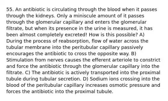 55. An antibiotic is circulating through the blood when it passes through the kidneys. Only a miniscule amount of it passes through the glomerular capillary and enters the glomerular filtrate, but when its presence in the urine is measured, it has been almost completely excreted! How is this possible? A) During the process of reabsorption, flow of water across the tubular membrane into the peritubular capillary passively encourages the antibiotic to cross the opposite way. B) Stimulation from nerves causes the efferent arteriole to constrict and force the antibiotic through the glomerular capillary into the filtrate. C) The antibiotic is actively transported into the proximal tubule during tubular secretion. D) Sodium ions crossing into the blood of the peritubular capillary increases osmotic pressure and forces the antibiotic into the proximal tubule.