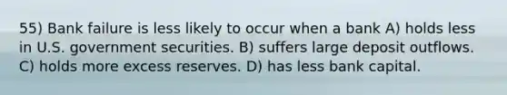 55) Bank failure is less likely to occur when a bank A) holds less in U.S. government securities. B) suffers large deposit outflows. C) holds more excess reserves. D) has less bank capital.