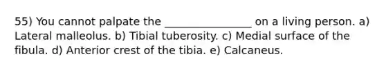 55) You cannot palpate the ________________ on a living person. a) Lateral malleolus. b) Tibial tuberosity. c) Medial surface of the fibula. d) Anterior crest of the tibia. e) Calcaneus.