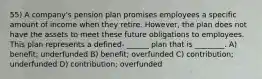 55) A company's pension plan promises employees a specific amount of income when they retire. However, the plan does not have the assets to meet these future obligations to employees. This plan represents a defined- ______ plan that is ________. A) benefit; underfunded B) benefit; overfunded C) contribution; underfunded D) contribution; overfunded