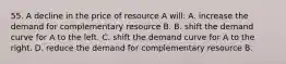 55. A decline in the price of resource A will: A. increase the demand for complementary resource B. B. shift the demand curve for A to the left. C. shift the demand curve for A to the right. D. reduce the demand for complementary resource B.