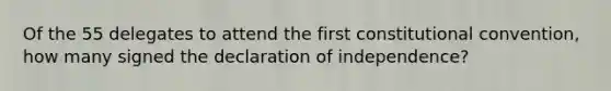 Of the 55 delegates to attend the first constitutional convention, how many signed the declaration of independence?