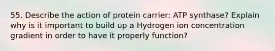 55. Describe the action of protein carrier: ATP synthase? Explain why is it important to build up a Hydrogen ion concentration gradient in order to have it properly function?