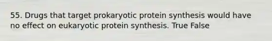 55. Drugs that target prokaryotic protein synthesis would have no effect on eukaryotic protein synthesis. True False