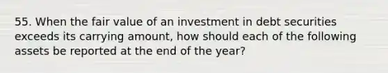 55. When the fair value of an investment in debt securities exceeds its carrying amount, how should each of the following assets be reported at the end of the year?