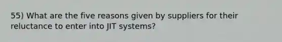 55) What are the five reasons given by suppliers for their reluctance to enter into JIT systems?