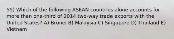 55) Which of the following ASEAN countries alone accounts for <a href='https://www.questionai.com/knowledge/keWHlEPx42-more-than' class='anchor-knowledge'>more than</a> one-third of 2014 two-way trade exports with the United States? A) Brunei B) Malaysia C) Singapore D) Thailand E) Vietnam