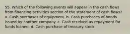 55. Which of the following events will appear in the cash flows from financing activities section of the statement of cash flows? a. Cash purchases of equipment. b. Cash purchases of bonds issued by another company. c. Cash received as repayment for funds loaned. d. Cash purchase of treasury stock.