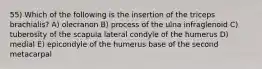 55) Which of the following is the insertion of the triceps brachialis? A) olecranon B) process of the ulna infraglenoid C) tuberosity of the scapula lateral condyle of the humerus D) medial E) epicondyle of the humerus base of the second metacarpal